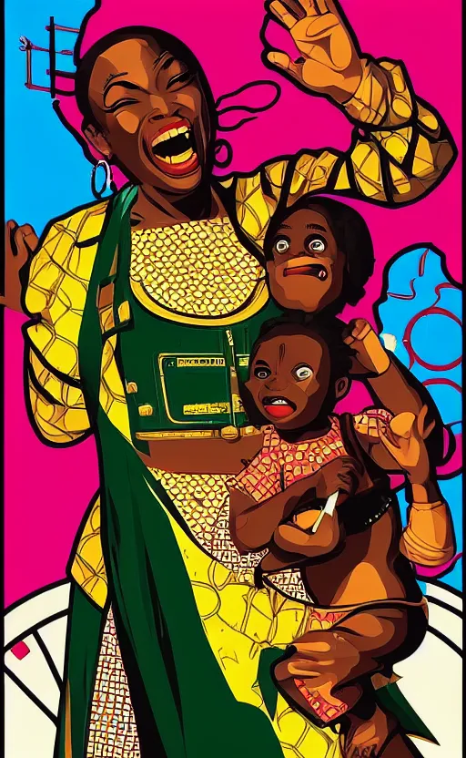 Image similar to mama africa laugh at her child!!! pop art, pixel, bioshock, gta chinatown, artgerm, richard hamilton, mimmo rottela, julian opie, aya takano, ultra hardly intricate details!!! ultra realistic visual!!!