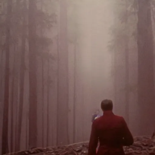 Image similar to a forest, in the background there is a young man wearing red clothes. still from blade runner.