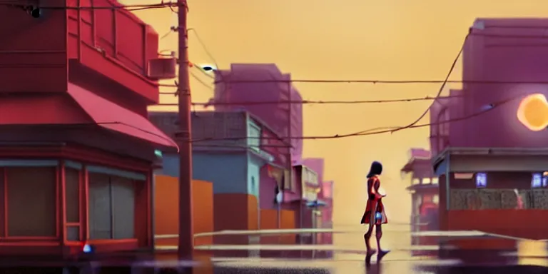 Image similar to an immaculate isometric cinematic keyframe matte painting of the silhouette of a young japanese girl standing in wide wet street 1 9 7 0 s vaporwave rust belt city at dusk with an oversized moon, just after the rain has cleared. by eric lafforgue, glennray tutor and edward hopper, greg rutkowski. trending on artstation.