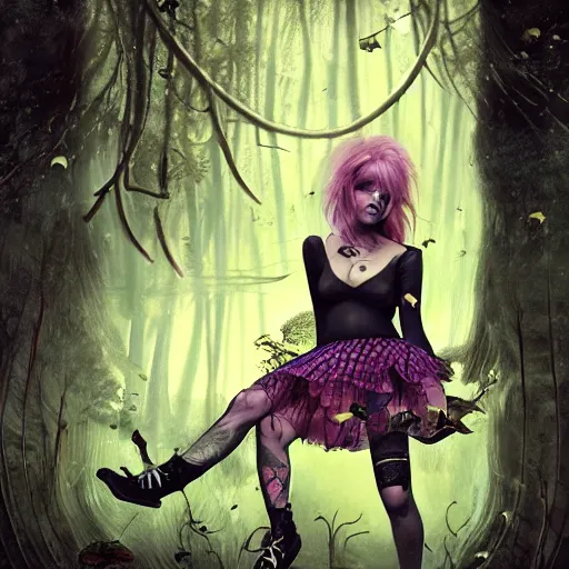 Image similar to portrait, beautiful punk rocker girl, with tattoos and piercings, sits in a mystical misty forest, reading under a tree, fireflies and fairies, fishnets, skirt, dramatic lighting, cinematic, establishing shot, extremly high detail, foto realistic, cinematic lighting, post processed, concept art, artstation, matte painting, style by eddie mendoza, raphael lacoste, alex ross