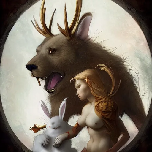 Image similar to a bear and a bunny chimera with the size and strength of a bear, The white color and long bunny ears of a bunny and golden brown antlers. Peter Mohrbacher. George Stubbs