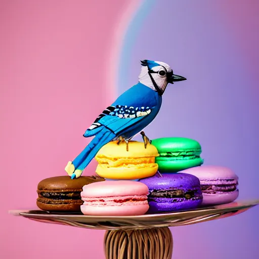 Image similar to a photo blue jay bird standing on a basket of rainbow macaron desserts.