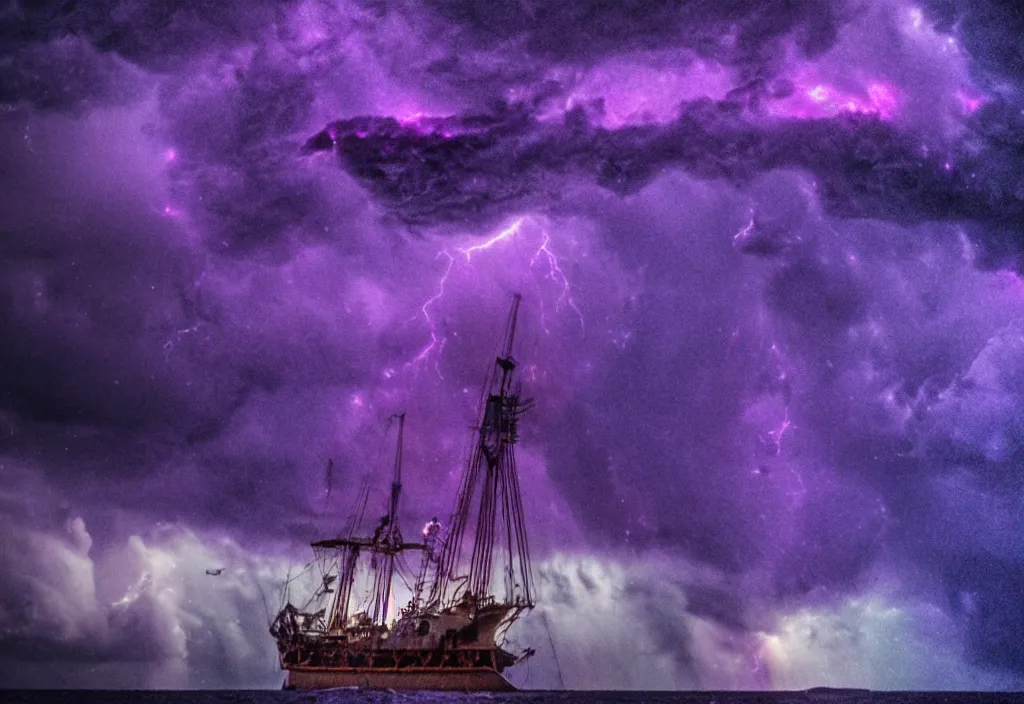 Image similar to purple color lighting storm with stormy sea,pirate ship firing its cannons with a water spout in the background. trippy nebula sky 50mm shot, fear and loathing movie