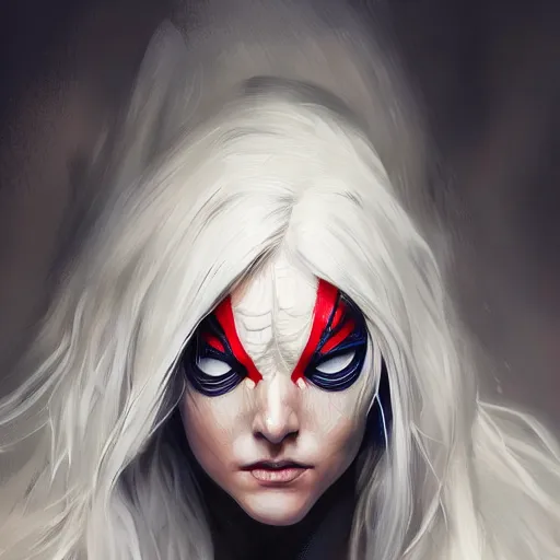 Prompt: full body portrait of white haired girl in spider man suit, super hero, pretty face, very beautiful face, very detailed eyes, webs, highly detailed, digital painting, artstation, concept art smooth, sharp focus, greg rutkowski, artey freytag