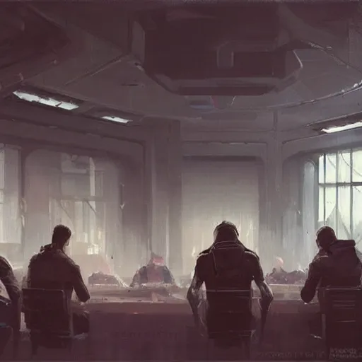 Prompt: concept art by greg rutkowski, a very tall, and slender man with short black hair, sitting with the crew in the ship's dining room, brutalist futuristic interior, dark lighting atmosphere, detailed portraits, nostalgic atmosphere, scifi, digital painting, artstation, concept art, smooth, sharp foccus ilustration, artstation hq