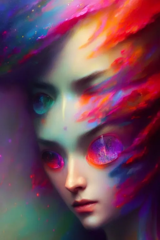 Image similar to the colorful universe can be seen thorough the eye of a beautiful woman, extremely detailed digital painting, in the style of fenghua zhong and ruan jia and jeremy lipking and peter mohrbacher, mystical colors, rim light, beautiful lighting, 8 k, stunning scene, raytracing, octane, trending on artstation