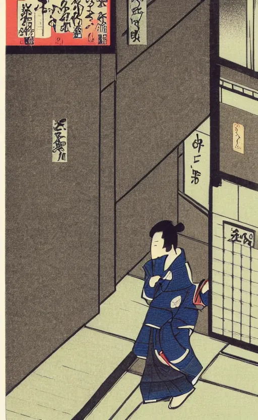 Prompt: by akio watanabe, manga art, male calligrapher running outside house door, kyoto, kimono, trading card front