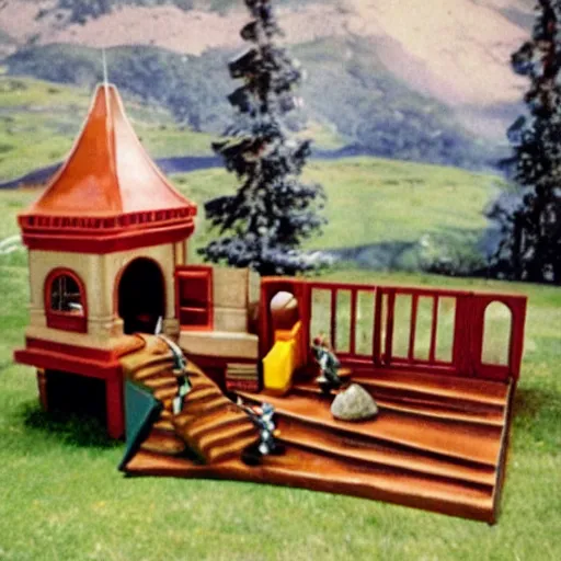 Prompt: screencap from a 1980s toy commercial for The Witcher's Kaer Morhen castle playset