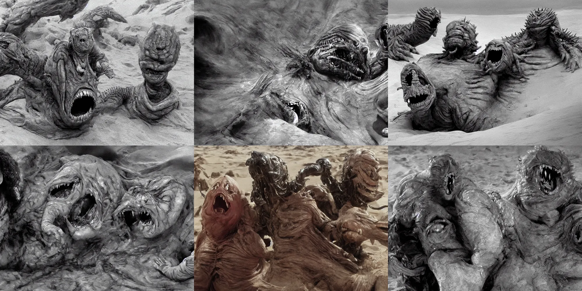 Prompt: cinematic movie still : ( subject =!!!!!! donald trump face!!!!!!,!! dune sandworm with open jaw!! + subject detail = sweating, creature from john carpenter the thing, oozing bile ) keith thompson and christopher lane