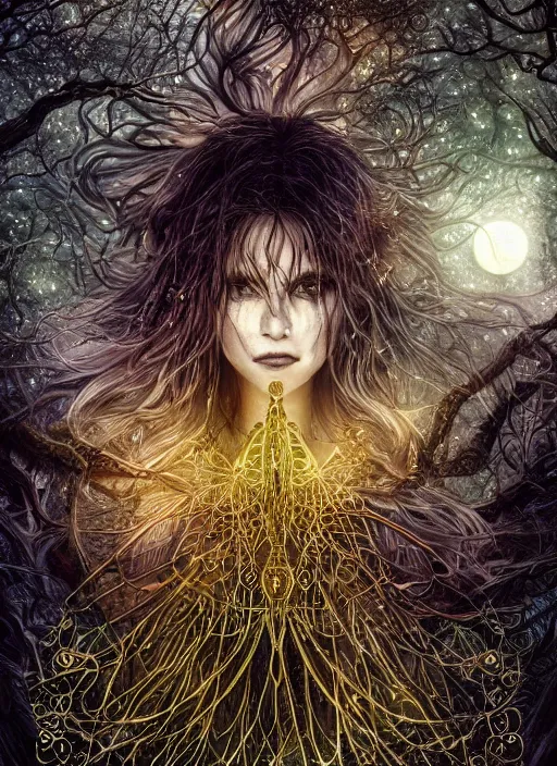 Image similar to glowing silver and golden elements, full close-up portrait, A beautiful dark witch in front of the full big moon, book cover, green forest, red white black colors, establishing shot, extremly high detail, foto realistic, cinematic lighting, pen and ink, intricate line drawings, by Yoshitaka Amano, Ruan Jia, Kentaro Miura, Artgerm, post processed, concept art, artstation, matte painting, style by eddie, raphael lacoste, alex ross