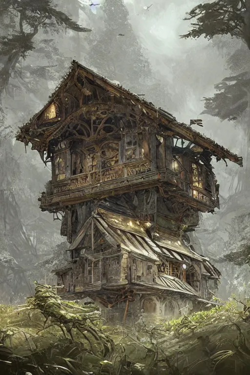 Prompt: a ramshackle multistory hut in the woods, well armored, intricate, elegant, fantasy, highly detailed, digital painting, concept art, sharp focus, illustration, artstation, art by artgerm and greg rutkowski