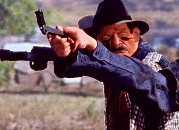 Prompt: film still of Charles Bronson pointing a pistol in the new City Slickers movie, 4k