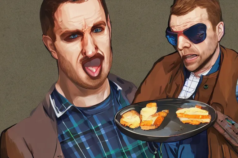 Prompt: a scottish scotland guy eating edible in scotland gta 5 loading screen art, trending on artstation