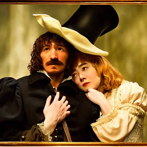 Image similar to Cyrano de Bergerac and Roxanne (Haley Bennet), are looking a teach other hand romantically. dramatic, high contrast, romantic, theatrical, lumnious, cinematic lights, oil canvas by Csók István, Munkácsi and Hollósy Simon