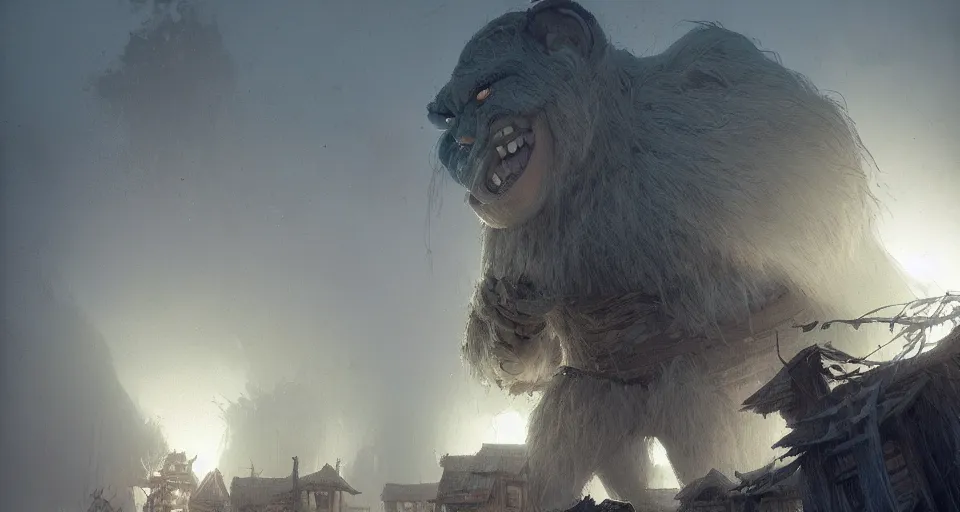 Image similar to one single big giant ogre troll. attacks wooden village houses. Destruction dust and fog. Atmospheric beautiful by Eddie mendoza and Craig Mullins. volumetric lights