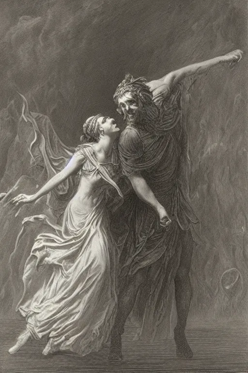 Image similar to A maiden dancing with the devil in the style of Gustave Dore