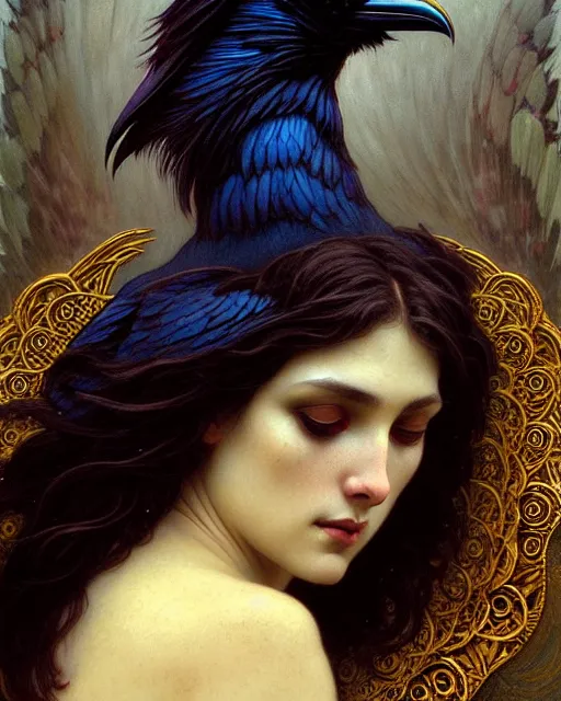 Image similar to goddess of ravens, unusual beauty, emotionally evoking symbolic metaphors, head in focus, fantasy, ornamental, intricate, elegant, sensual, highly detailed digital painting, artstation, concept art, painterly, golden ratio, sharp focus, illustration, art by Artem Demura and Rafael and Alphonse Mucha and Albert Aublet