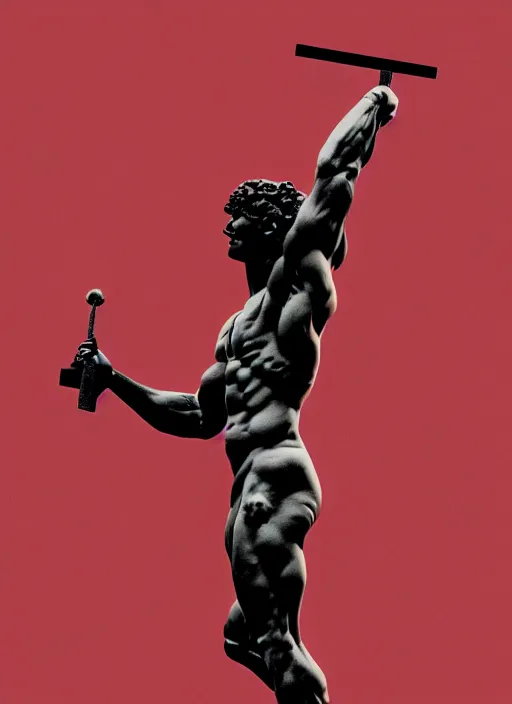 Image similar to black background, statue of hercules, thin red lines, dark, thin lines, neo vaporwave, trending on artstation