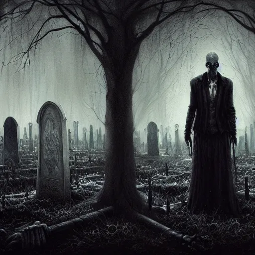 Prompt: a painting of a man standing in a graveyard, an ultrafine detailed painting by seb mckinnon, featured on cgsociety, gothic art, darksynth, dark and mysterious, ominous vibe