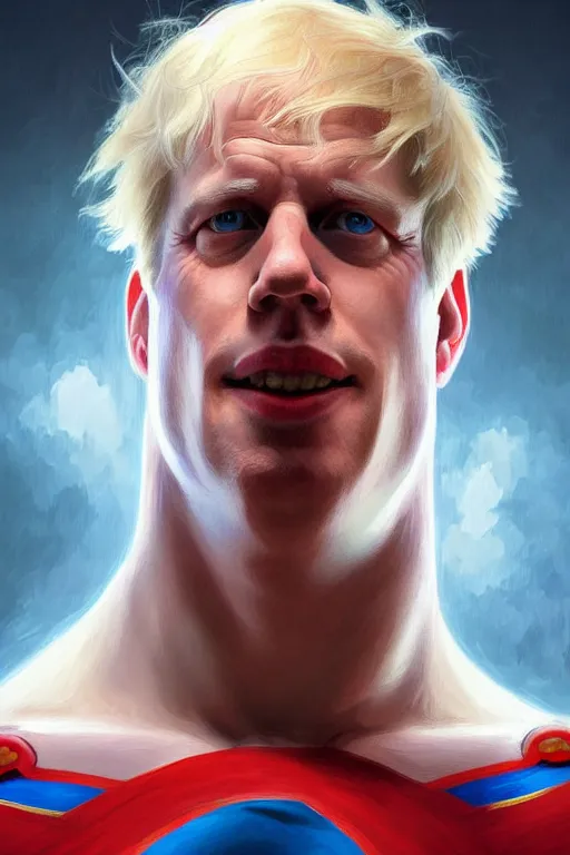 Image similar to Boris Johnson as Superman,realistic portrait, symmetrical, highly detailed, digital painting, artstation, concept art, smooth, sharp focus, illustration, cinematic lighting, art by artgerm and greg rutkowski and alphonse mucha