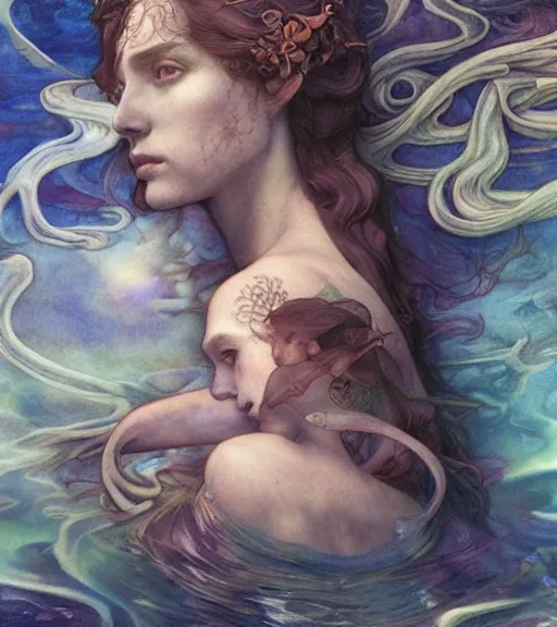 Prompt: underwater dream of the maiden, by annie swynnerton and tino rodriguez and charlie bowater and tom bagshaw and nicholas roerich and jean delville and evelyn de morgan and lucien freud, dramatic lighting, floral tattoos, rich colors, smooth sharp focus, anime key visual, extremely detailed, adolf wolfli