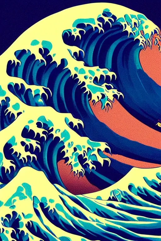 Image similar to Synthwave Poster inspired by The Great Wave off Kanagawa, synthwave aesthetic, highly detailed, digital painting, artstation, concept art, smooth, sharp focus, illustration