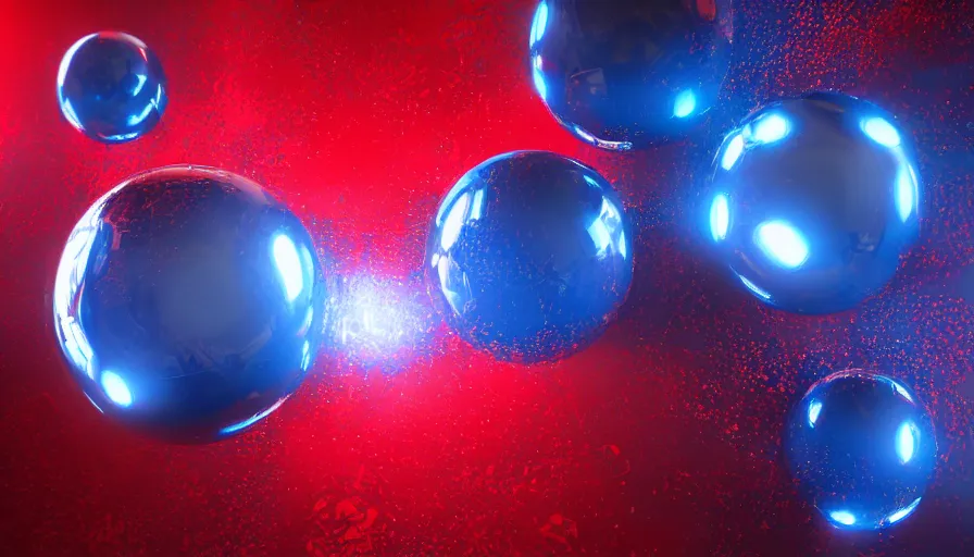 Image similar to metallic blue and red spheres, reflection, volumetric light, hyperdetailed, artstation, cgsociety, 8 k