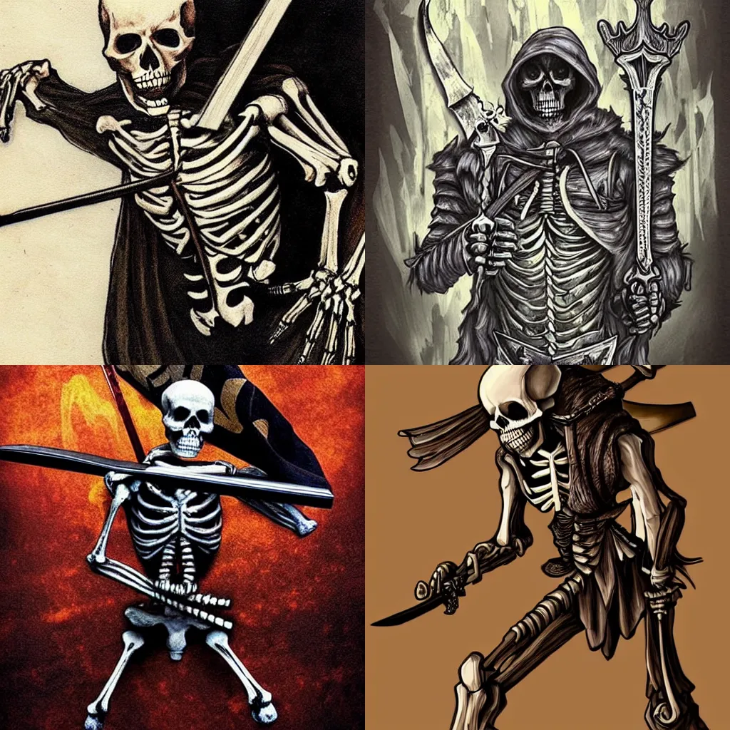 Prompt: totally badass skeleton wielding a giant sword