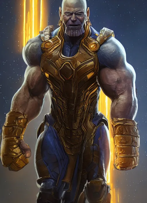 Prompt: jeff bezos is a muscular bodybuilder and is wearing thanos armor, au naturel, hyper detailed, digital art, trending in artstation, cinematic lighting, studio quality, smooth render, unreal engine 5 rendered, octane rendered, art style by klimt and nixeu and ian sprigger and wlop and krenz cushart.