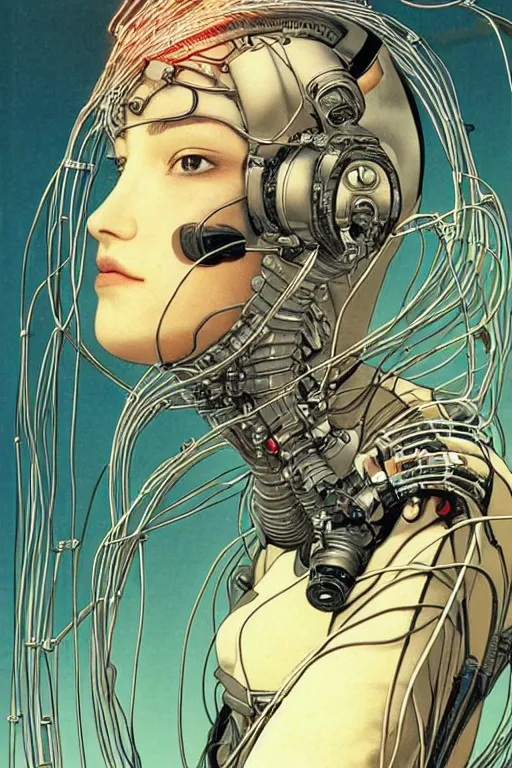 Image similar to A beautiful woman wearing a cybernetic helmet with many wires plugged into is and in her body by Moebius and Rahzzah