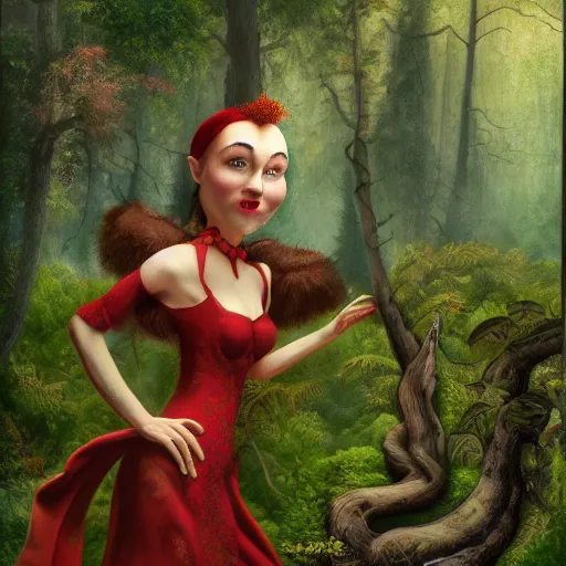 Prompt: the court jesters wife lost in the woods, pretty, beautiful, hyper realistic fantasy painting, artstation, by ansel adams and annie leibovitz, cinematic, magical