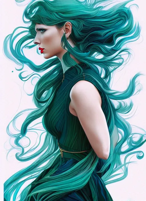 Image similar to style artgerm, joshua middleton, taylor swift with green dress, very long blue hair, swirling, symmetrical face, symmetrical eyes, lovecraftian western gunslinger, cinematic lighting