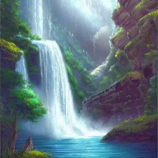 Prompt: a beautiful waterfall, elegant, soulful, liquid, masterpiece, Cinematic, fantasy art,