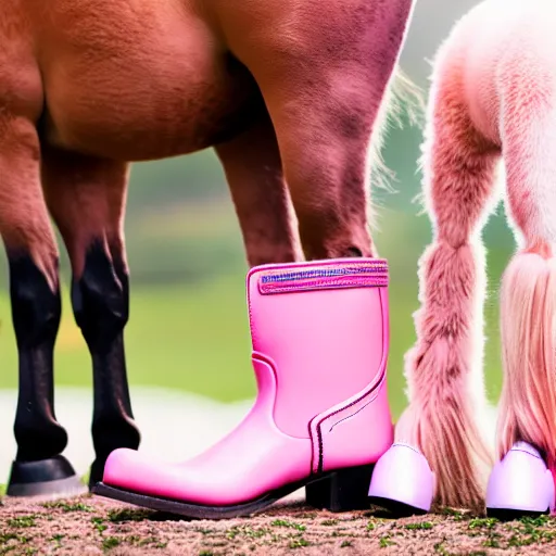 Prompt: young girl with rider boots, next to her is a pink pony, photo taken by nikon, sharp focus, highly detailed, studio lightning, 4 k