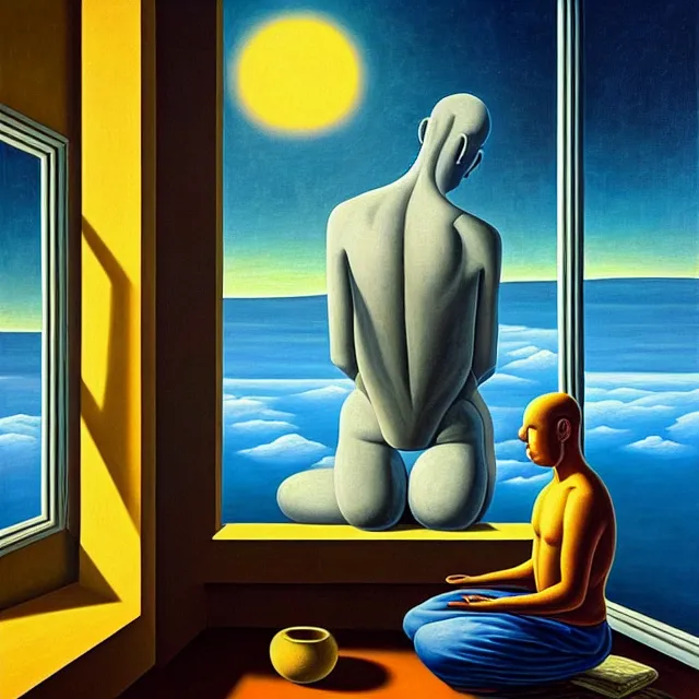 Prompt: an oil on canvas portrait of a man meditating and the sun is shining through the window, surrealism, surrealist, lovecraftian, cosmic horror, rob gonsalves, high detail