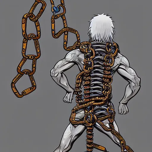 Image similar to A FULL BODY PORTRAIT FROM BEHIND OF MADARA UCHICHA ,THE MAN KEEPS A KUSARIGAMA AND IT IS WRAPPED IN CHAINS ,detailed, concept art, ink style , sketch