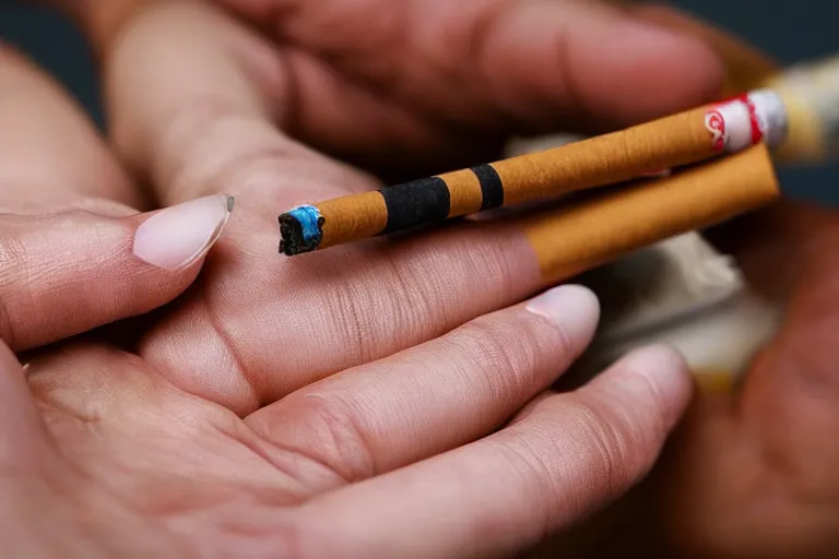 Image similar to cigarette in five fingers, thin soft hand holding cigarette, hyper realistic, natural