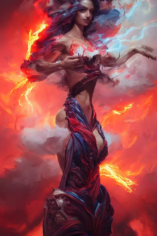 Image similar to model wearing exploding fire electricity and blood, sorcerer, diamonds, angel, fantasy, dramatic lighting, highly detailed, digital painting, holding electricity, magic the gathering, hyper detailed, 3 d render, hyper realistic detailed portrait, peter mohrbacher, wlop, ruan jia