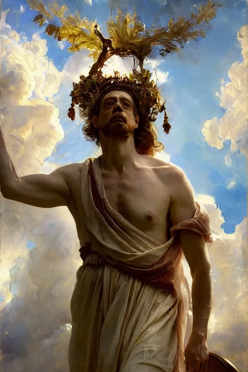 Image similar to beautiful detailed expressive impressionistic oil painting portrait of ancient roman god emperor steve buscemi ascending into the clouds wearing the civic crown, renaissance painting, art by anders zorn, wonderful masterpiece by greg rutkowski, expressive brush strokes, beautiful cinematic light, american romanticism by greg manchess, jessica rossier