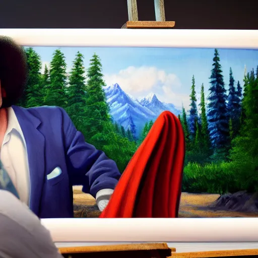 Image similar to a closeup photorealistic photograph of bob ross working on a canvas painting of superman. film still. brightly lit scene. mountains and trees. this 4 k hd image is trending on artstation, featured on behance, well - rendered, extra crisp, features intricate detail, epic composition and the style of unreal engine.