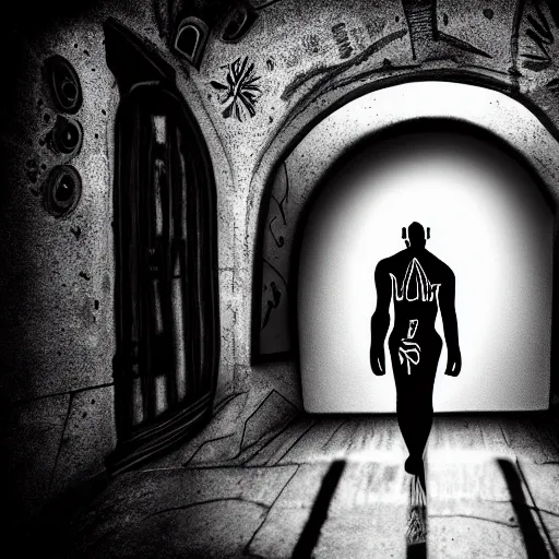 Prompt: humanoid walking through a portal from the past into the future, face piercings, tattoos, noir, photograph,