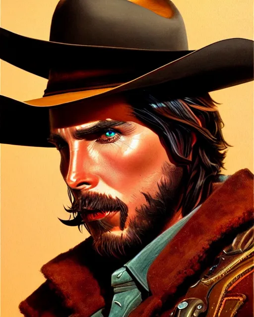 Prompt: christian bale as mccree from overwatch, character portrait, portrait, close up, highly detailed, intricate detail, amazing detail, sharp focus, vintage fantasy art, vintage sci - fi art, radiant light, caustics, by boris vallejo