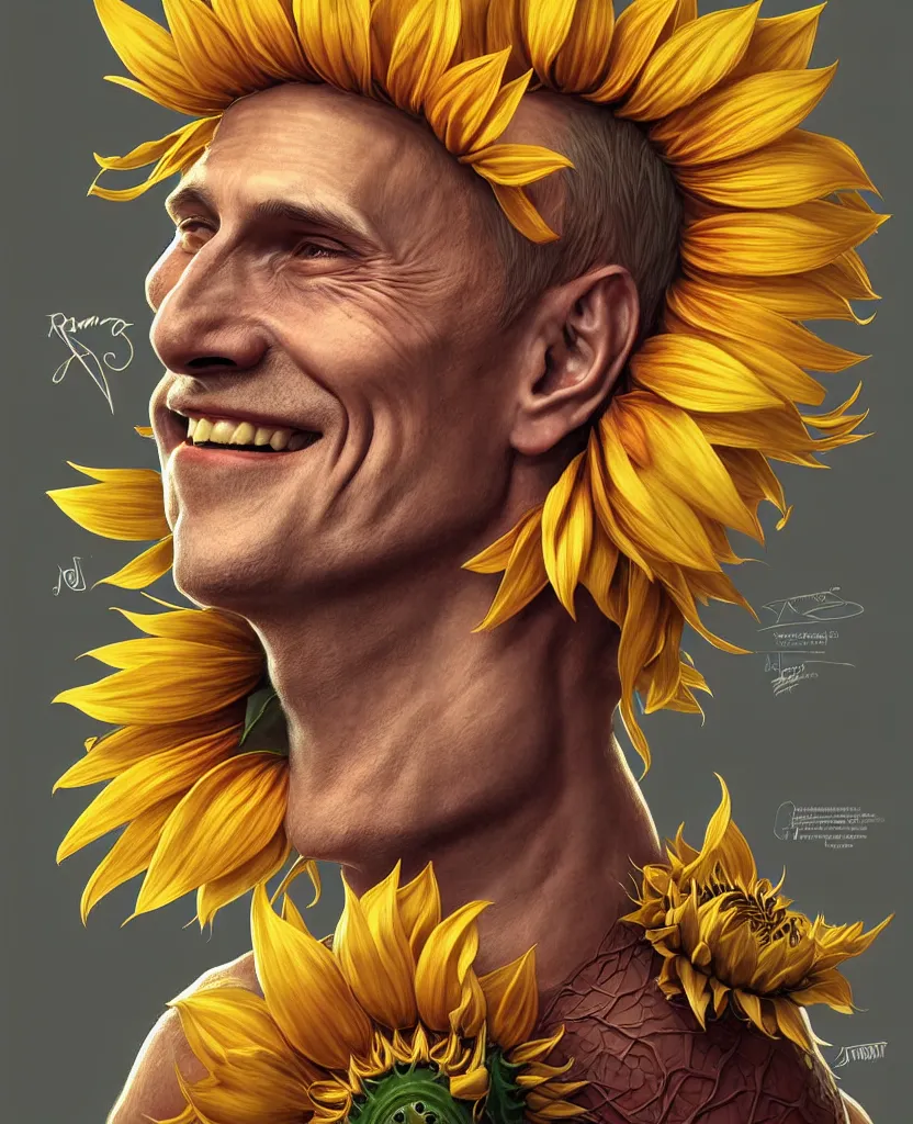 Image similar to digital art, centered full body of young any old Putin smiling king, Sunflower crown, ,intricate, veins, by James Jean and by artgerm , by ross tran ultradetailed, charachter design, concept art, trending on artstation,