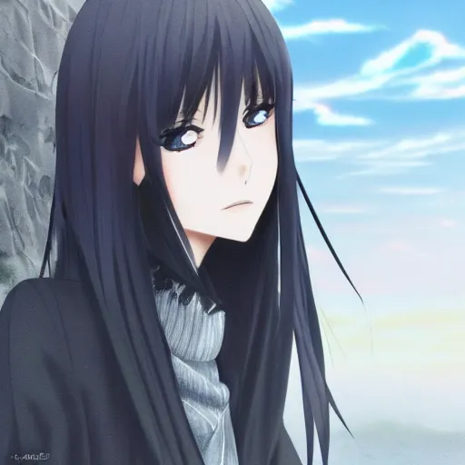 Image similar to 1 7 - year - old anime goth girl, black hair, long bob cut, long bangs, gothic coat, long bangs, standing on cliff along the irish coast, overcast gray skies, ultra - realistic, sharp details, cold lighting, blue and gray colors, intricate details, subsurface scattering, hd anime, 2 0 1 9 anime