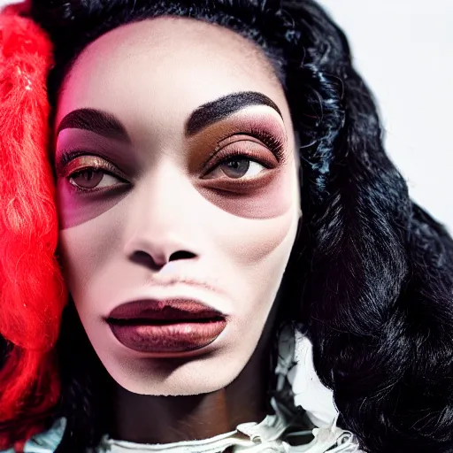 Image similar to realistic photoshooting for a new balenciaga lookbook, vhs colour photography, portrait of model Winnie Harlow woman, in style of Tyler Mitchell, 35mm,