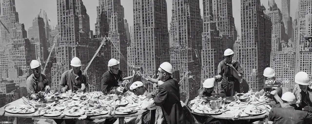 Prompt: construction workers eating spaghetti on top of a skyscraper, 1 9 3 0 s new york city, canon 5 0 mm, photography, film, kodachrome