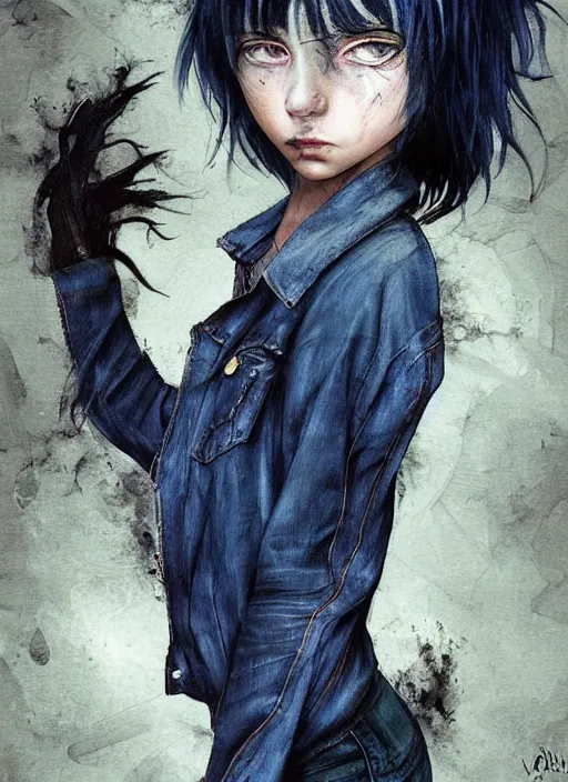 Image similar to medium shot, grunge style, nice pale twelve years old girl witch with midnight blue hair, messy dyed in midnight blue bob cut hairstyle, amber oval eyes, grunge clothes, jeans, high boots, dynamic pose, digital art, highly detailed, sharp focus, digital painting, artwork by Rutkowsky, by Victor Adame Minguez by Yuumei by Tom Lovell by Sandro Botticelli