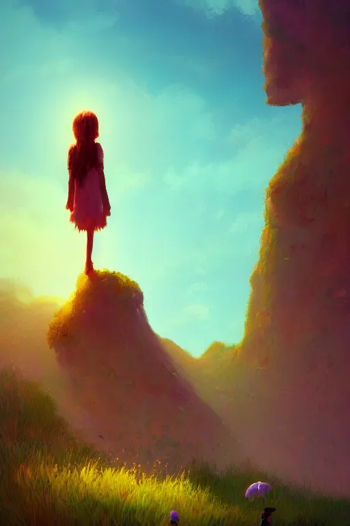 Image similar to closeup, giant flower head, girl standing on cliff, surreal photography, sunrise, blue sky, dramatic light, impressionist painting, digital painting, artstation, simon stalenhag