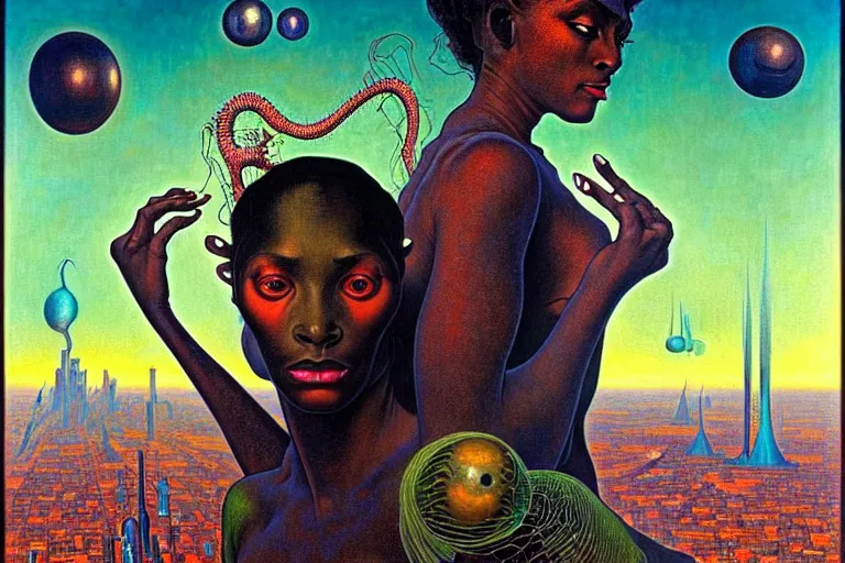 Image similar to realistic extremely detailed portrait painting of a beautiful black woman with an alien, city street on background by Jean Delville, Amano, Yves Tanguy, Ilya Repin, Alphonse Mucha, Ernst Haeckel, James C. Christensen, Edward Robert Hughes, Roger Dean, rich moody colours