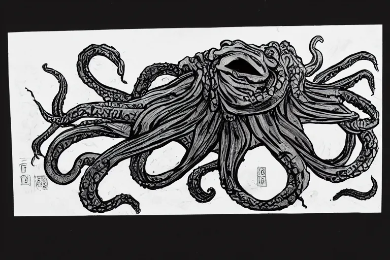 Prompt: cthulhu, qi baishi ink painting